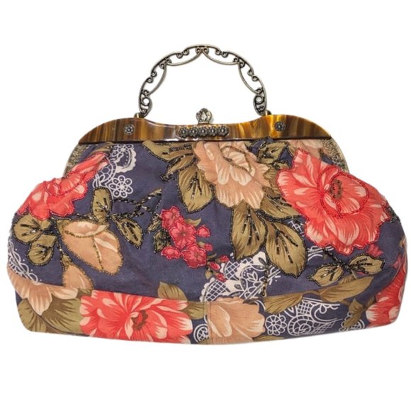 Handbags - Vintage Floral Bag with Beaded Accents and Decorative Metal Handle and Clasp